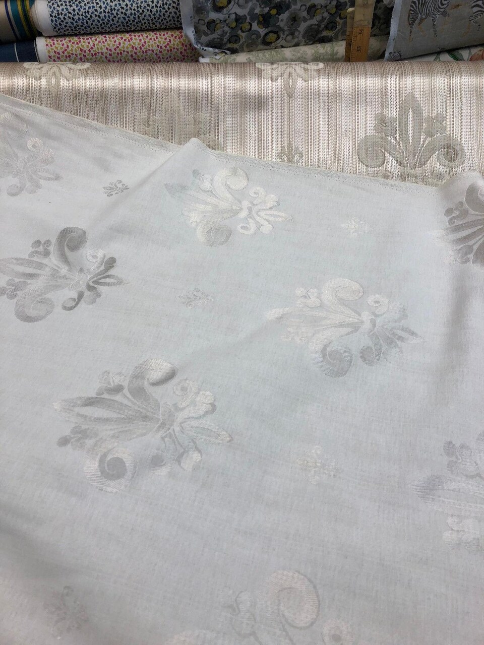 1 Yard Fleur De Lis Oatmeal Stripe Damask Jacquard Drapery Upholstery Fabric 60 Inches Wide